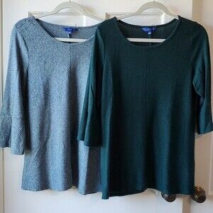 TWO A-LINE SOFT KNIT TOPS SIZE LARGE BELL SLEEVE GREEN VARIEGATED BLUE APT. 9
